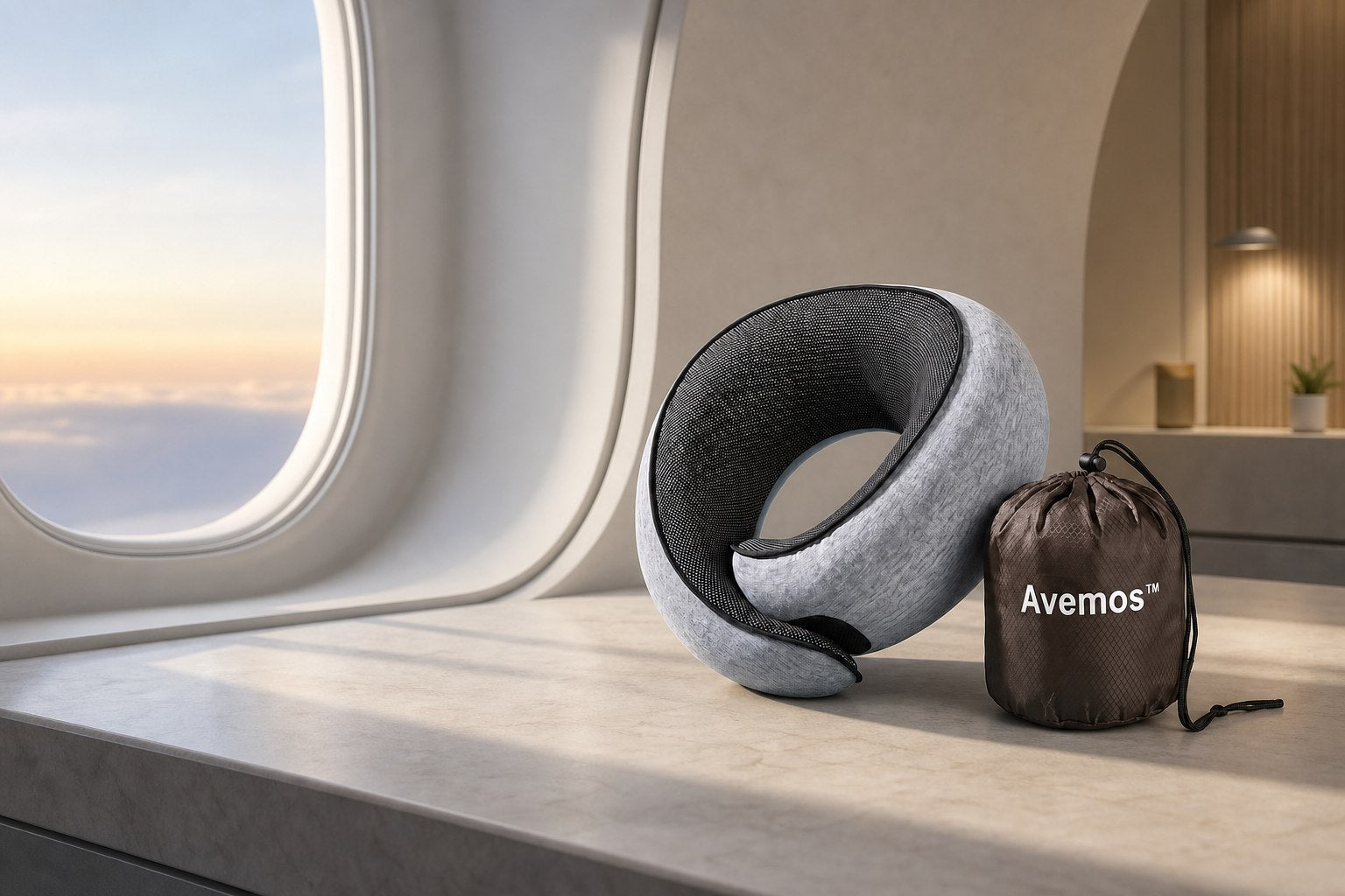 Gray Avemos travel neck pillow with its carry bag beside an airplane window